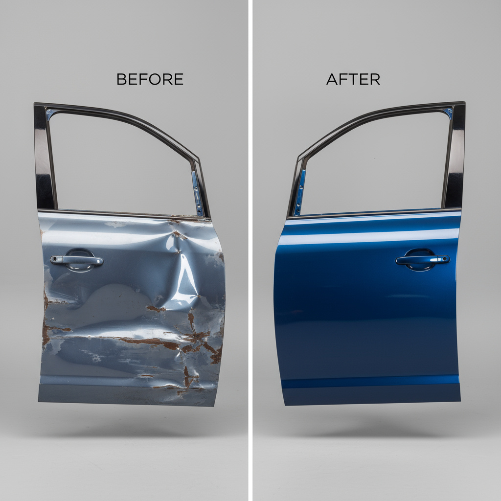 Vorher-Nachher Vergleich eines lackierten Karosserieteils